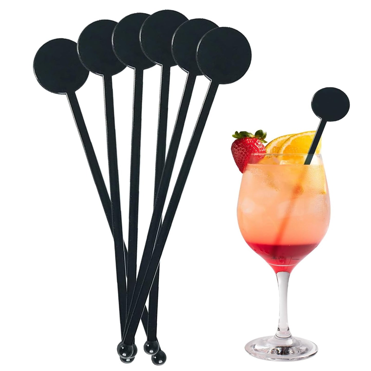 200Pcs Cocktail Swizzle Sticks, 7 Inches Disposible Plastic Disc Top Drink Stirrers Black Drinks Mixing Rod for Coffee Milk Cocktail Whiskey Beverage Bar (Black)