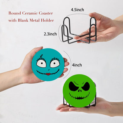 Nicegod Happy Halloween Coasters Set of 6, Round Absorbent Ceramic Coaster, with Metal Holder and Cork Base, Spooky Face Monster Coasters for Coffee Table Home Decor Kitchen Housewarming Gifts
