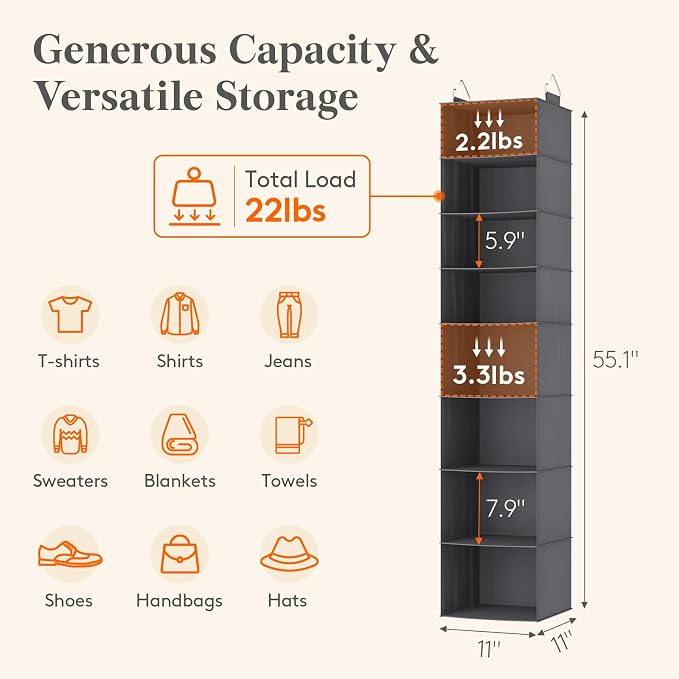 Lifewit 8 Tier Hanging Closet Organizer and Storage for Shelves, 1 Pack Foldable Clothes Shelf with 2 Sturdy Hooks, Sweater/Coat/Shoes Clothing Organization for Wardrobe, Dorm, Bedroom, Gray