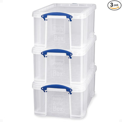 Really Useful Box 3-Pack Clear Plastic Storage Bins with Lids & Clip Handles, 32 Liters - Stackable, Portable and Transparent Organizer Containers for Home, Garage and Office