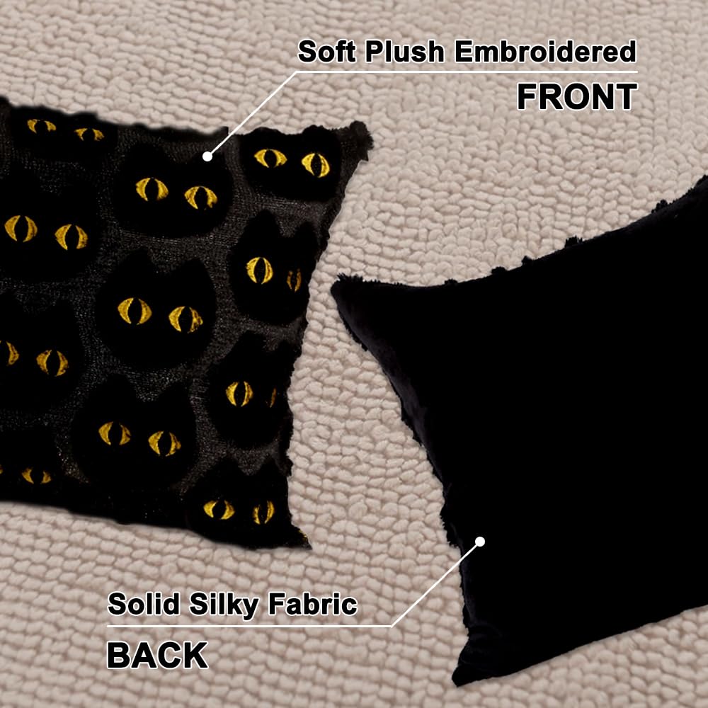 Heirloom Haven Halloween Cats Pillow Covers Set of 2,Black Cat Soft Plush Faux Fur Jacquard Couch Cushion Case Holiday Farmhouse for Sofa Home Decor 18 x 18 Inch