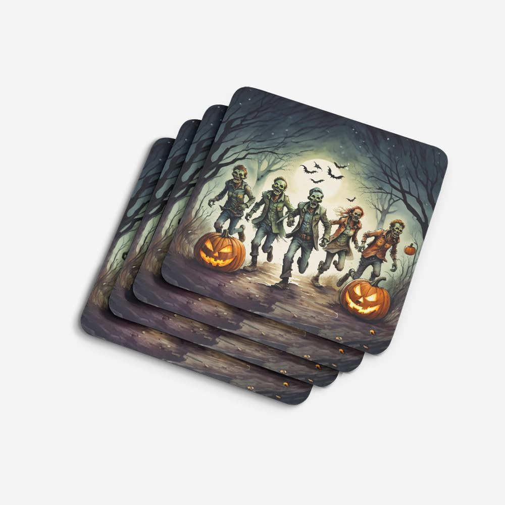 Caroline's Treasures Zombies Spooky Halloween Foam Coaster Set of 4 Cup Coasters for Indoor and Outdoor, Coaster for Tabletop Protection, Anti Slip, Mouse pad Material