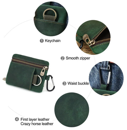 Men Genuine Top Grain Cow Leather Coin Purse with Key Ring & Clip. Retro Slim Minimalist Wallet Card Case (Coffee)
