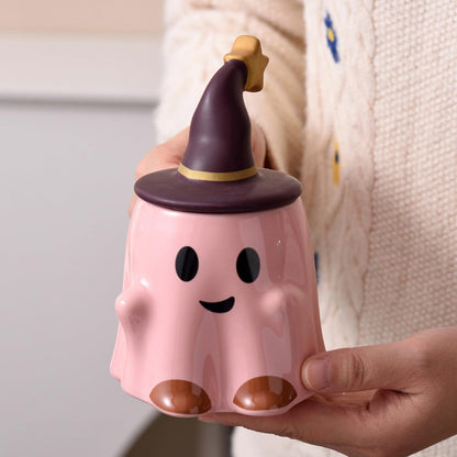 KKGUD Novelty Tea Cup, Ceramic 11oz Halloween Coffee Mug with Lid- Friendly Ghost (Pink)