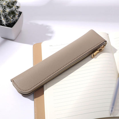 YONBEN Faux Leather Pencil Case Small Pencil Pouch Slim Pen Case Holder Zipper Bag for School Office(Beige,Faux Leather)