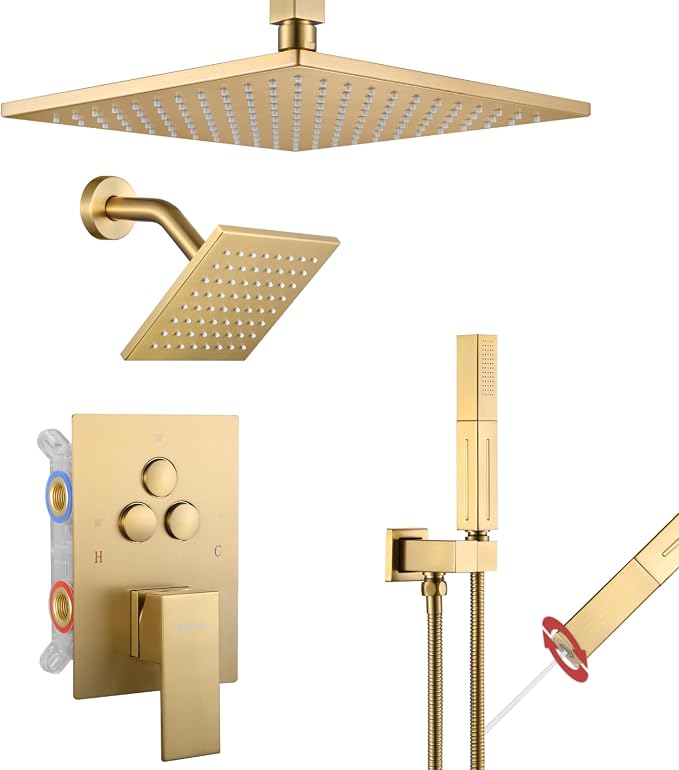 VANFOXLE Shower Faucet Set Brushed Gold Shower System, Push Button Diverter Shower Faucet with Trim Kit, Ceiling Mount 10 Inch Shower Head Increased Thick, 6 Inch Side Shower Head, 2-in-1 Handheld