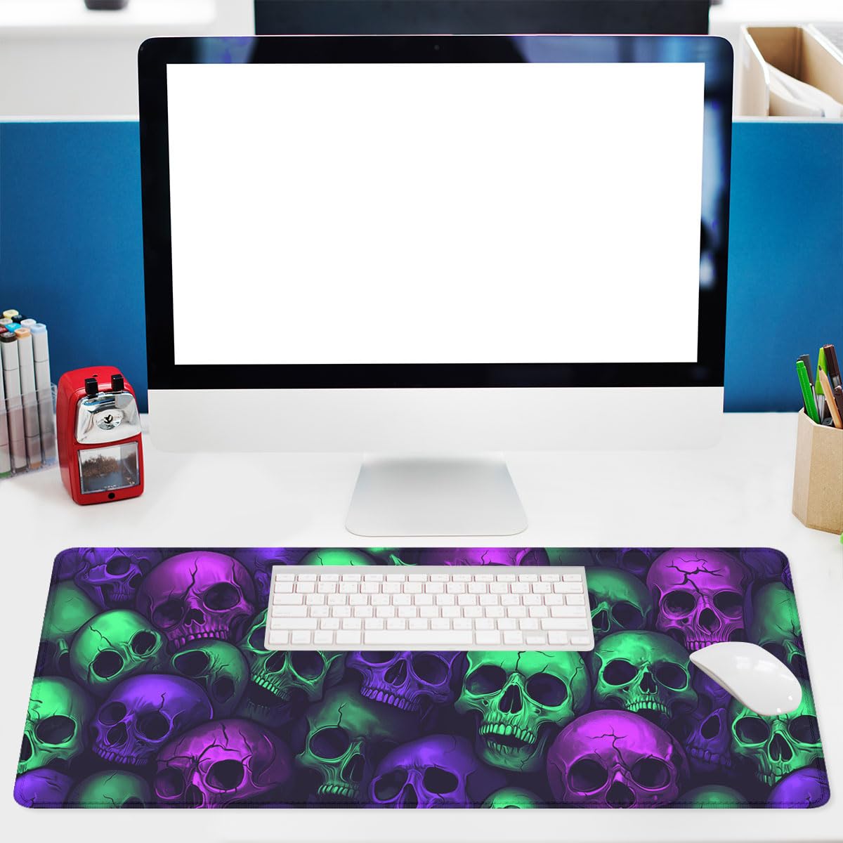 Neon Skull Gaming Mouse Pad Purple Green Gothic Halloween Skeleton Extended Keyboard Mouse Mat for Computer Office, Big Laptop Mouse pad, Gaming Pc 31.5x11.8 in