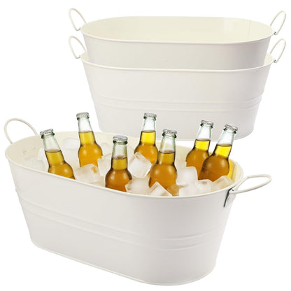 Biugaaufai 3 PCS 15.3 x 9 x 6 inches White Metal Galvanized Tub with Handles, 3 Gallon Galvanized Beverage Tubs for Parties, Large Metal Drink Ice Buckets for Beer, Wine, Cocktails & Outdoor Events