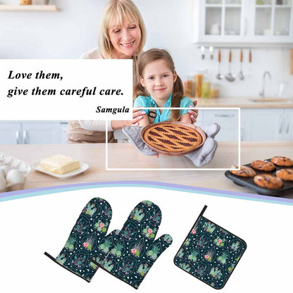 Samgula Green Plant Oven Mitts and Pot Holders Sets Succulents Cactuses in Glass Terrariums Heat Resistant 3pcs for Cooking Baking BBQ