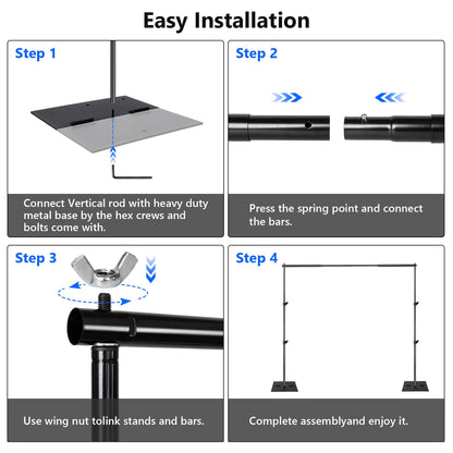 HYJ-INC Pipe and Drape Photography Backdrop Stand Kit Adjustable Photo Background Stand 10ft x 6.5ft with Metal Base for Parties Weddings Birthday Party Events Photo Booth