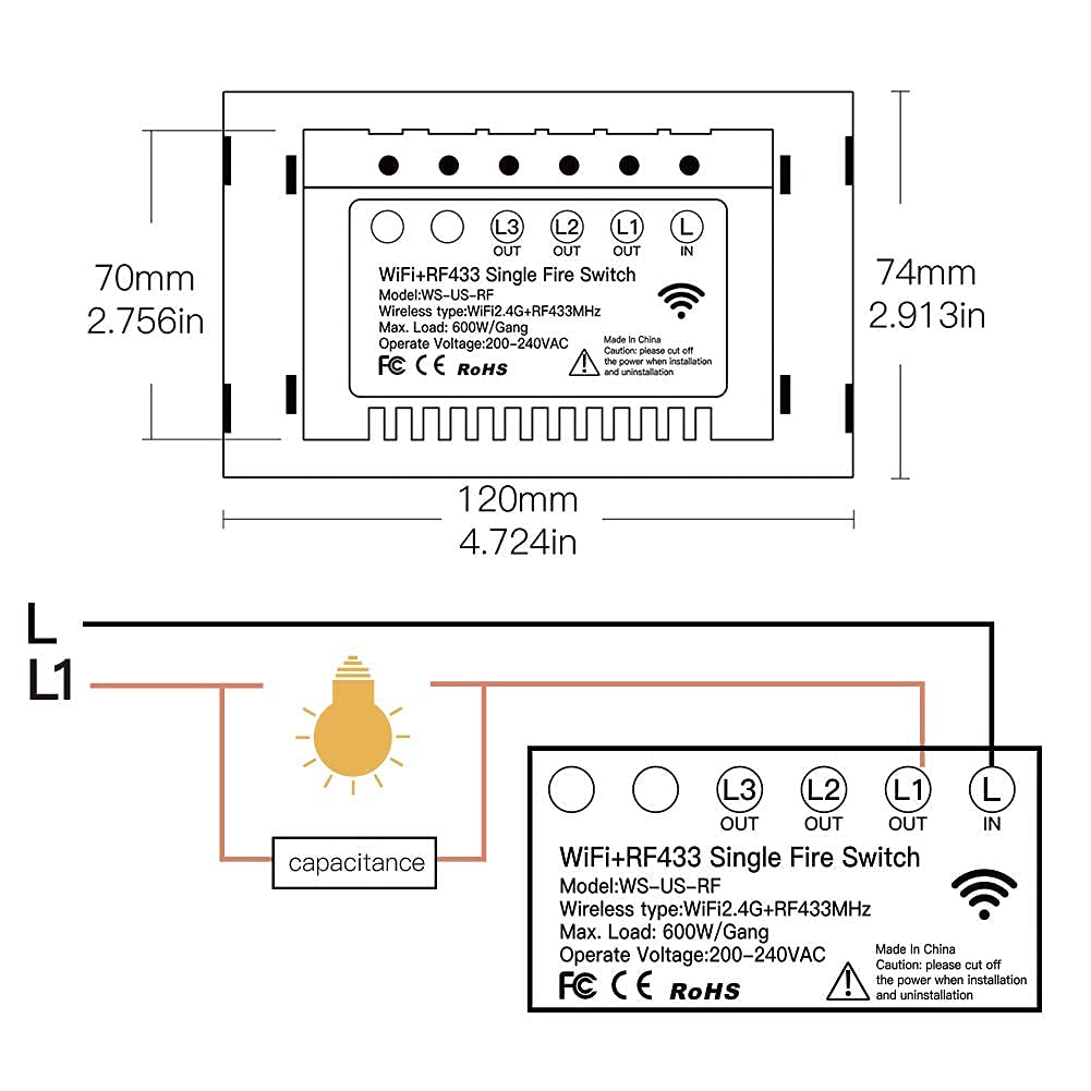 MOES Touch Wall Single Live Wire Smart Switch，No Neutral Wire Needed, 2.4GHz WiFi RF433 Light Switch Works with Smart Life/Tuya App, Alexa and Google Home, Single Pole 110V, White 1 Gang