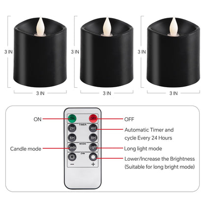 milysoek 3x3 Flickering Flameless Candles Set of 3, LED Battery Candles Flickering,with Timer, 3 inch Flameless Candles with Remote,Battery Operated Candles, Holiday Home Decor for,Black