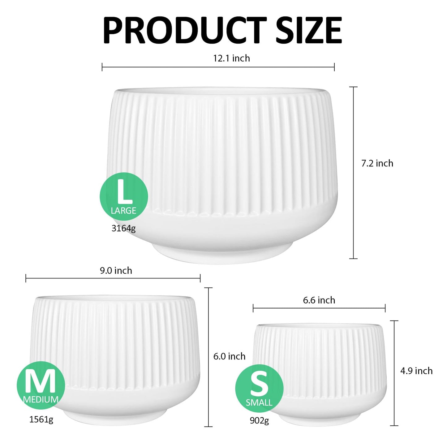 OXART Ceramic Plant Pot, 12+9+6.6 inch Large Plant Pot with Drainage, 3 Piece Planters for Indoor Plants, Modern Decor Home Office Garden Flower Pots for Indoor Outdoor Plant Set, White
