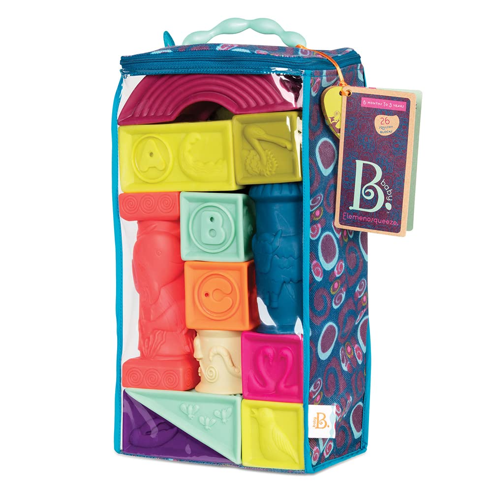 B. toys – Elemenosqueeze – Baby Blocks – 26 Soft Sort & Stack Blocks with Alphabet – Architectural Building Blocks – Shapes, Letters & Animals – 6+ Months
