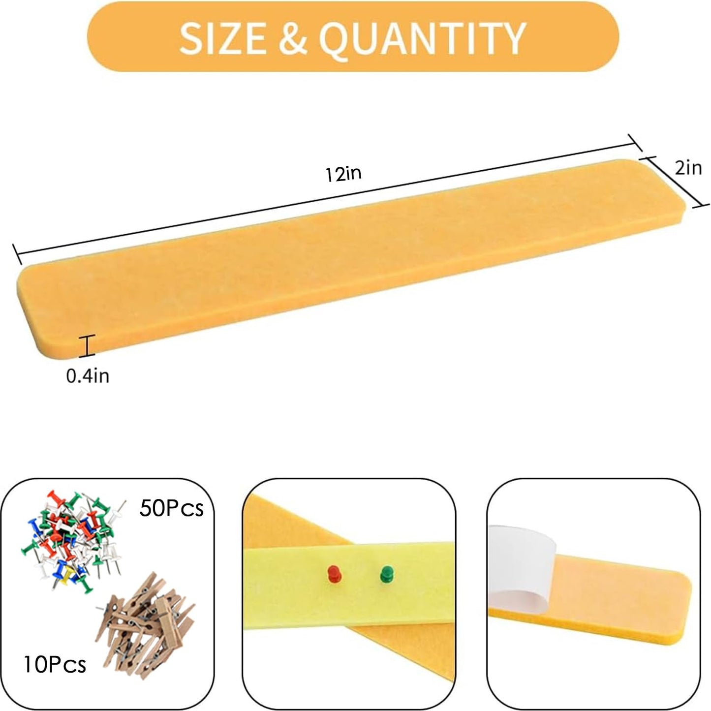 Vuzvuv 8 pcs Bulletin Board Bar Strips with 50 Pushpins，Self Adhesive Cork Board for Wall，Felt Pin Board for School，Office Decor(Yellow White)