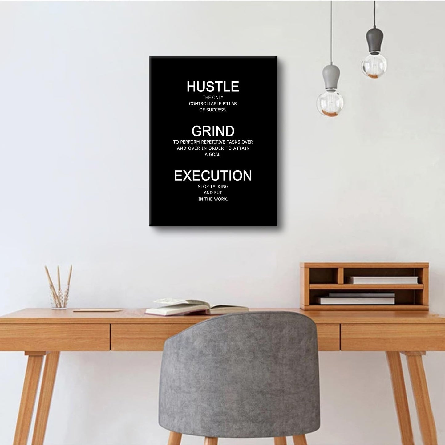 Motivational Poster Wall Art Inspirational Quotes Hustle Grind Execution Picture Print Positive Saying Painting Artwork for Modern Home Bedroom Office Workplace Stretched and Framed [18''W x 24''H]