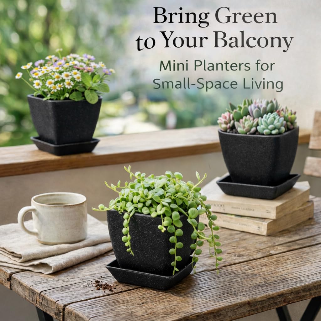 5 Pack 3.5 Inch Small Planter Pots with Drainage Holes and Saucers, Matte Square Indoor Plant Pots for Succulents and Herbs, Lightweight Modern Planters for Kitchen Herb Garden, Windowsill or Desk
