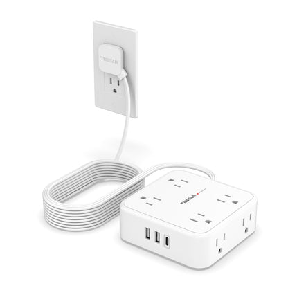 TESSAN Surge Protector Power Strip, 5 Ft Flat Plug Extension Cord with 3 USB (1 USB C) 8 Outlets, 900J Surge Protection, 3 Sided Outlet Extender with Power Switch for Office, Dorm Room Essentials