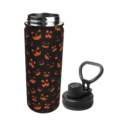 SOUWEWU 18oz Scary Pumpkin Face Sports Water Kettle with Handle, Double Wall Vacuum Insulated Hot and Cold Black Tumbler, Halloween Print Water Bottle for Gym Outdoor