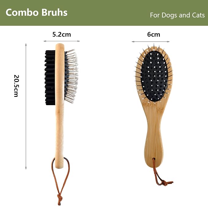 Double-Sided Pet Grooming Brush with Bamboo Handle, Slicker and Bristle Combo for Dogs and Cats