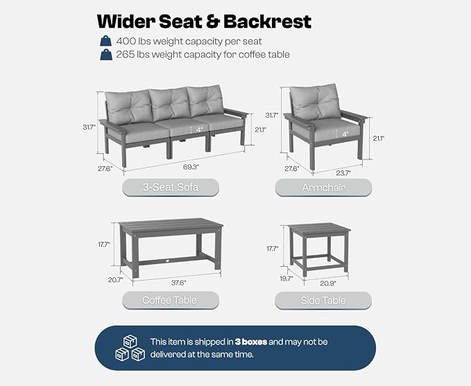 HDPE Outdoor Patio Furniture Set, 6-Piece Patio Conversation Sets with Coffee Table & Side Table & Grey Washable Thick Cushions, Outdoor Sofa for Balcony, Porch, Poolside (Grey Frame)