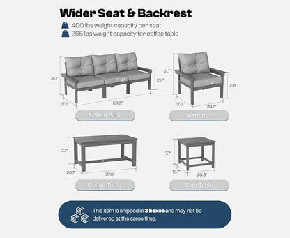 HDPE Outdoor Patio Furniture Set, 6-Piece Patio Conversation Sets with Coffee Table & Side Table & Grey Washable Thick Cushions, Outdoor Sofa for Balcony, Porch, Poolside (Grey Frame)