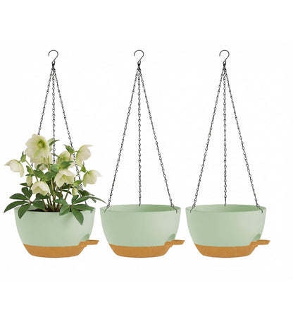 XQSHPDM Hanging Planters, 3-Pack 10 Inch Self-Watering Pots with Drainage Holes and Chains, Matte Plastic Planters for Indoor/Outdoor Plant（Green Brown）