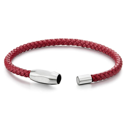 COOLSTEELANDBEYOND Mens Women Red Braided Leather Bracelet, Minimalist Single-Strand with Polished Stainless Steel Clasp, Everyday Casual Jewelry