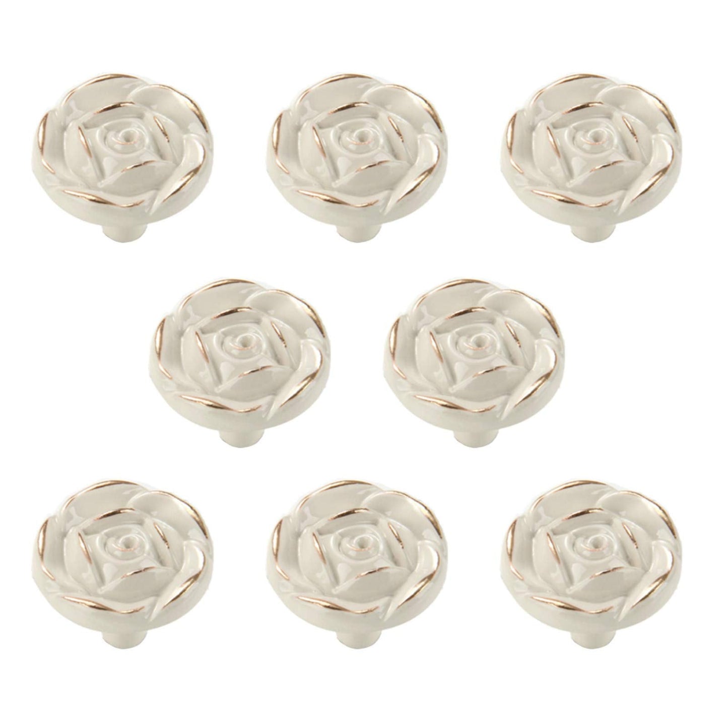 Antique Rose Flower Cabinet Knobs, Vintage Kitchen Shabby Chic Zinc Alloy White Drawer Pull Handles for Dresser Vanity Nightstand Cupboard Wardrobe, 8 Pack (Golden Line)
