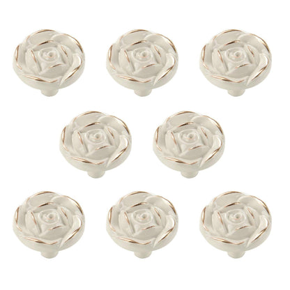 Antique Rose Flower Cabinet Knobs, Vintage Kitchen Shabby Chic Zinc Alloy White Drawer Pull Handles for Dresser Vanity Nightstand Cupboard Wardrobe, 8 Pack (Golden Line)