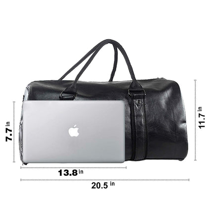 Leather Travel Bag with Shoe Pouch, Waterproof Weekender Overnight Bag, Carry On Duffel Bag for Men Women-Black