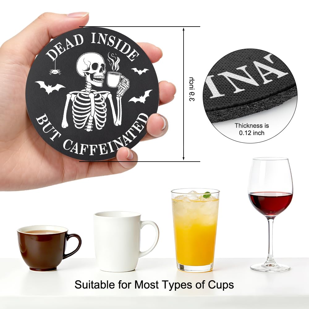 UWXQOJ Funny Skeleton Coffee Coasters Set of 2 – “Dead Inside But Caffeinated” Humor Drink Coasters, Gothic Coffee Lover Gifts, Non-Slip Table Protection for Kitchen & Office Home