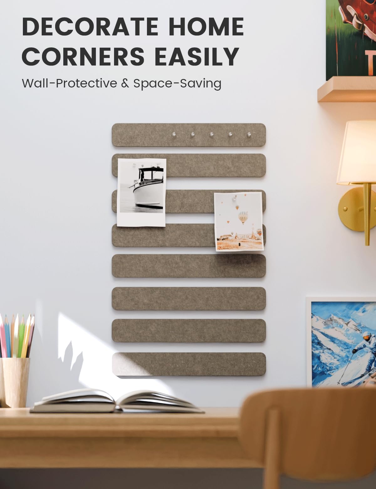 Fluxynara Cork Board Alternative Felt Strip Board 8-Pack 13"x2", Office Pin Board with 50 Push Pins, Adhesive Install for Bedroom Door & Home Office (Earth Brown)