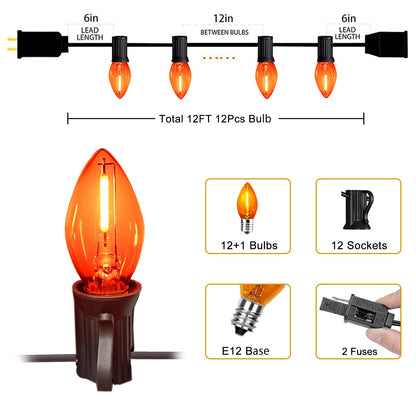 CHYParty 12FT Orange Halloween Lights Outdoor, C7 LED String Lights Plug in with Black Wire for Patio, Porch Railing, Walkway, Party Backdrop Decor