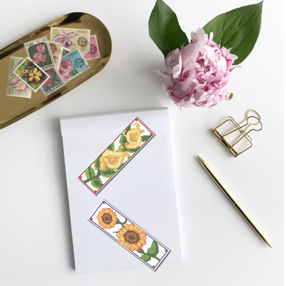 FREEBLOSS 6 Set Bookmark Cross Stitch Kits Stitch Bookmark Cross Stitch Kits with Instructions 6 Flowers Pattern Embroidery Kit for Beginners Bookmark Making Kit for Gift