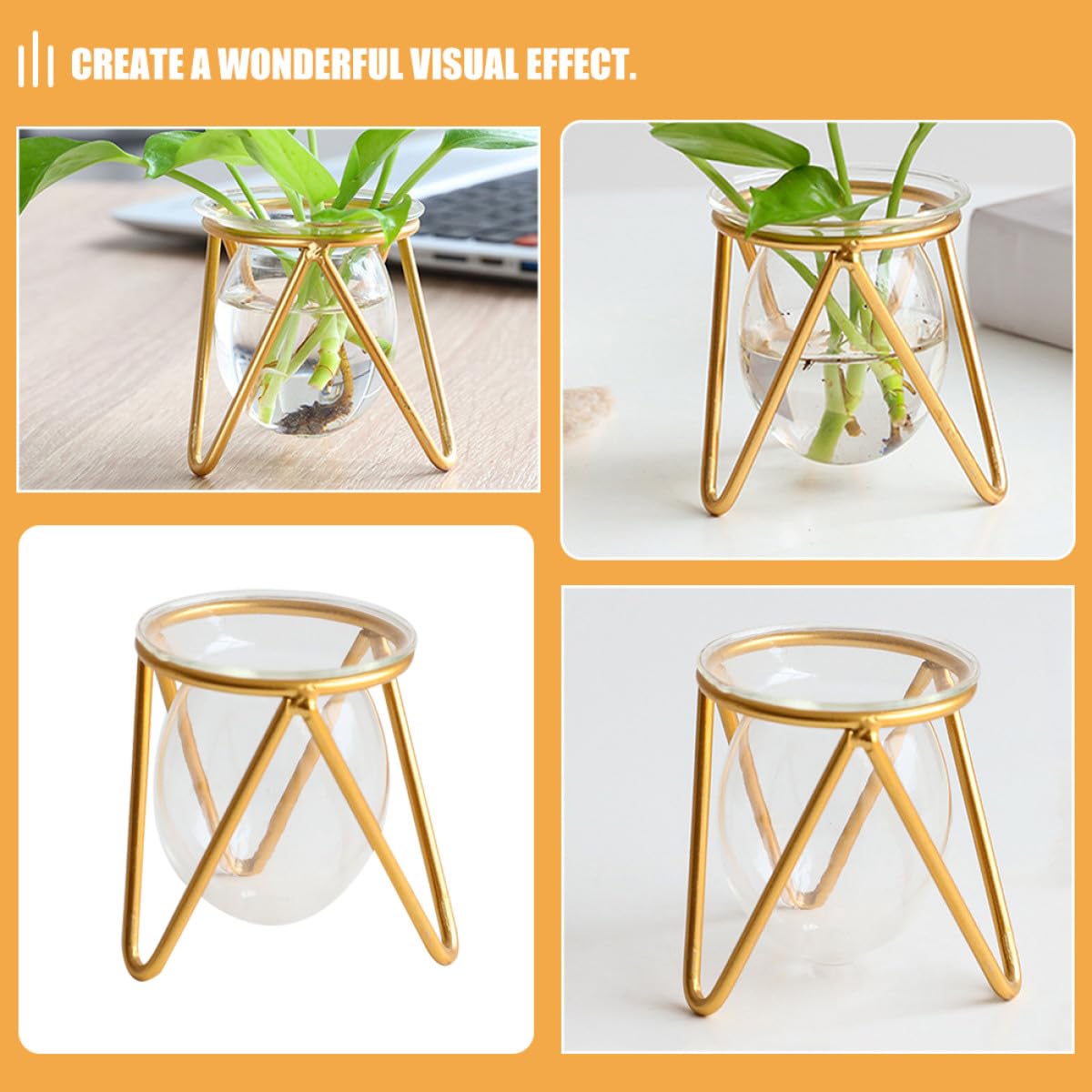 DOITOOL Hydroponic Glass Vase with Metal Stand, Small Decorative Succulent Planter Bulb, Gold Desktop Plant Container for Indoor Terrarium and Home Décor