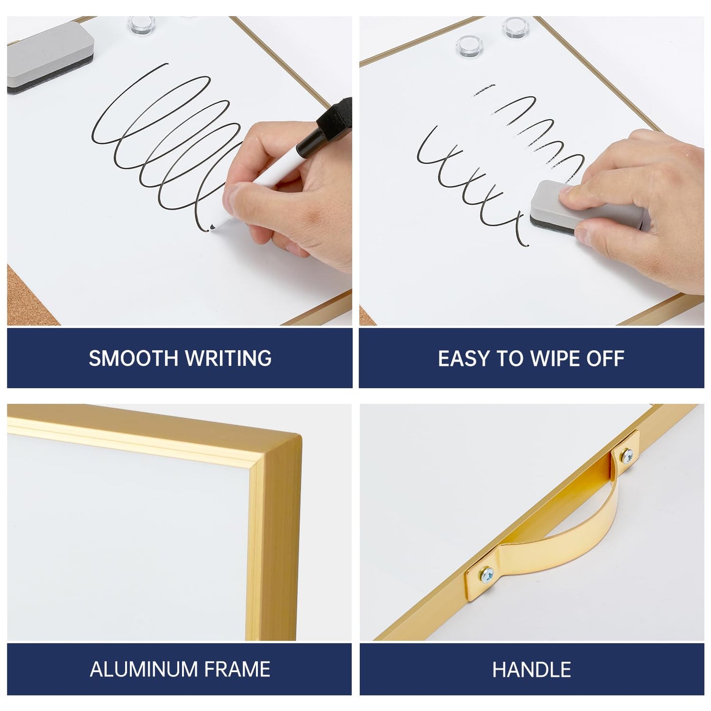 Small Cork Board Whiteboard Combo - 12" X 16" Portable Aluminum Gold Framed Magnetic Dry Erase Board for Wall, Mini Bulletin CorkBoard with a Handle for Office, Home and School