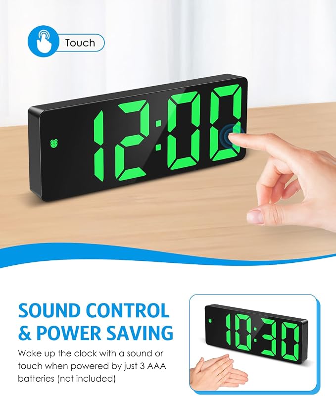 AMIR Digital Alarm Clock Large Display, LED Alarm for Bedroom, USB/Battery Powered Bedside Clock with Snooze, 12/24H, 3 Adjustable Brightness, Temperature, Electric Desk Clock for Home, Office, Green