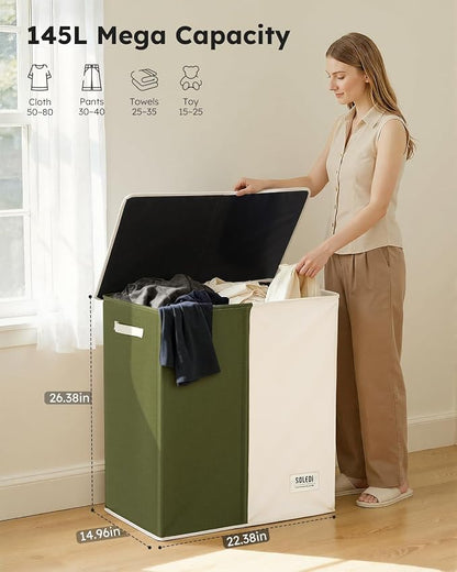 SOLEDI Large Double Laundry Hamper with Lid, Collapsible Clothes Hamper 2 section with Removable Bags, Space-Saving Laundry Basket for Bedroom, Dorm, College