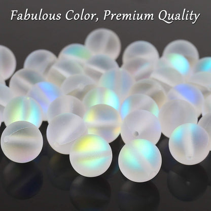 Matte White Aurora Crystal Glass Beads, 8MM Frosted Glitter Shining Mermaid Round Loose Beads, Rainbow Holographic Synthetic Moonstone for Jewelry Making DIY Bracelet