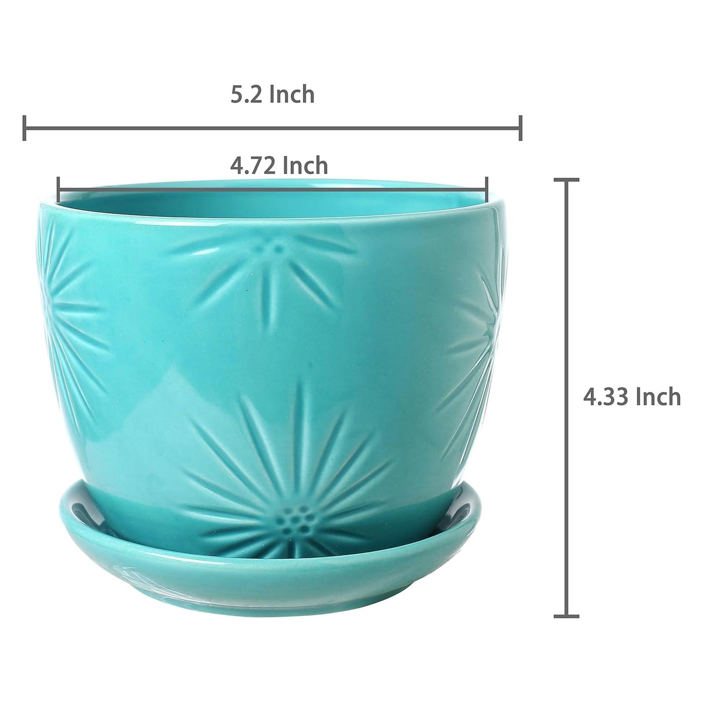 MyGift Aqua Ceramic Indoor Plant Pot with Drainage Hole and Decorative Sunburst Design, 5 Inch Round Succulent Planters with Attached Saucers, Set of 2