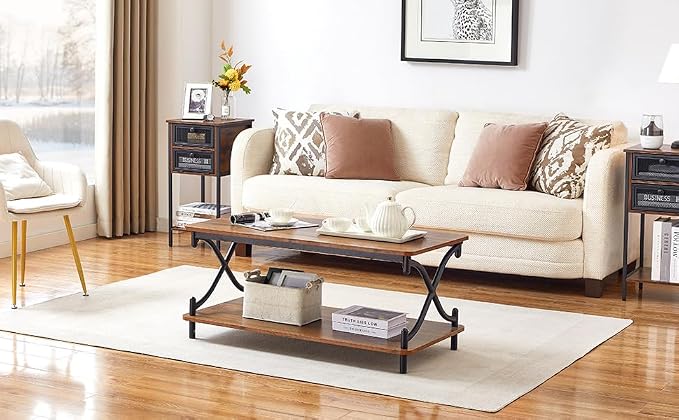 VECELO Coffee Table for Living Room with Round Corners Modern Farmhouse Center Table with Storage Shelf for Home Office 39 Inch, Easy Assembly, Retro Brown