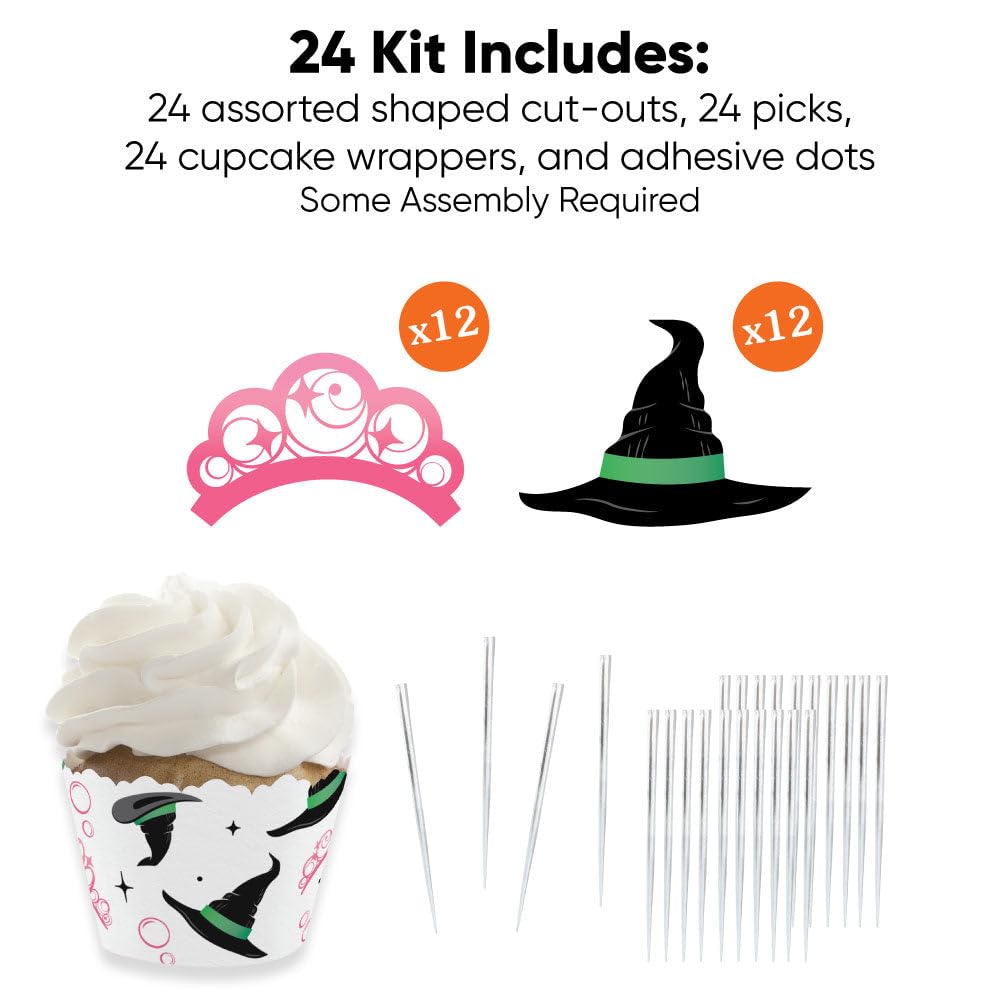 Big Dot of Happiness Witch Cupcake Decoration Kit, Good Pink and Green Birthday or Witch Halloween Party Cupcake Wrappers and Treat Picks - Set of 24