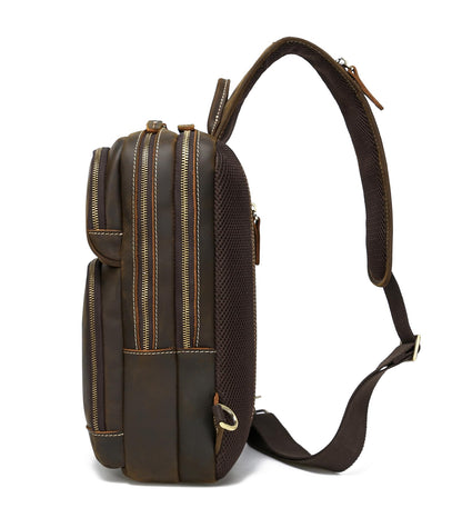 LANNSYNE Full Grain Leather Sling Bag For Men Crossbody Chest Daypack fits 12.9" iPad