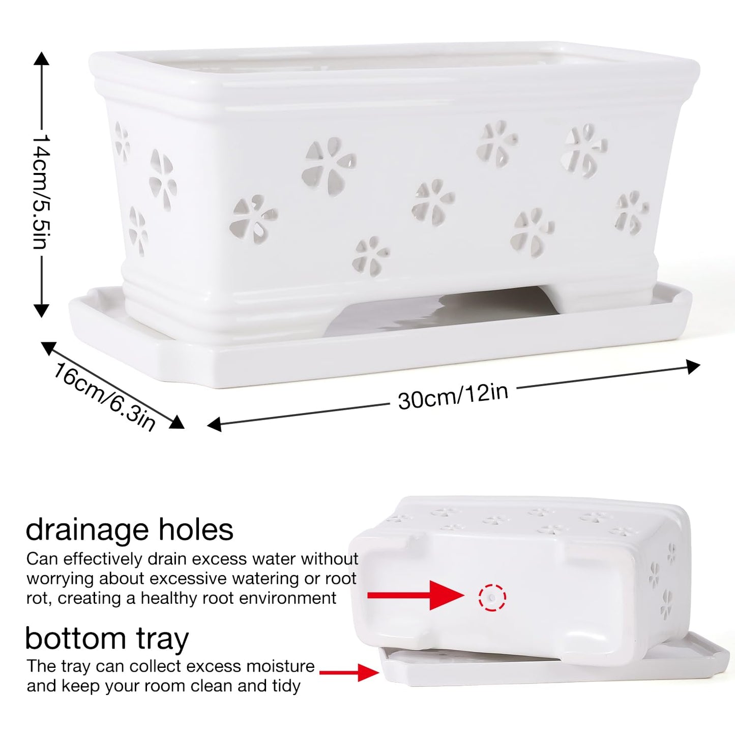 Orchid Pot with Holes and Saucer - 12*6.3*5.3Inch Ceramic Large Pot Basin for Refilling - Indoor and Outdoor Use - Air Circulation