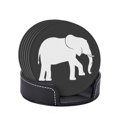 Black and White Elephant Leather Drink Coasters Set of 6 with Holder Round Cup Coaster for Table Decor
