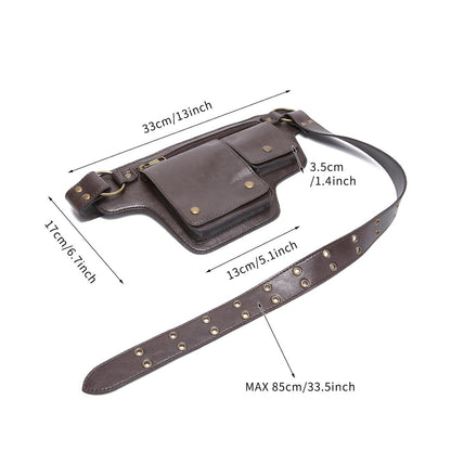 GK-O Steampunk PU Leather Hip Belt Bag for Men Women Vintage Motorcycle Waist Bag with Adjustable Strap Medieval Cosplay Utility Fanny Pack (Dark Brown)