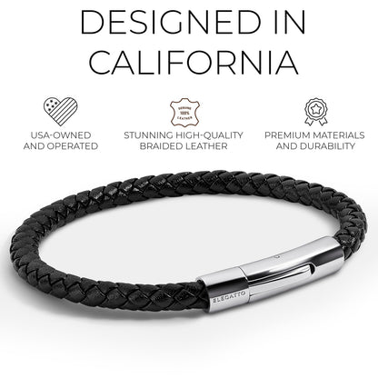 Elegatto Elagio Premium Braided Leather Bracelet for Men | Full-Grain Braided Leather with Sterling Silver Polished Stainless Steel Clasp | Men’s Designer Bracelets | Small