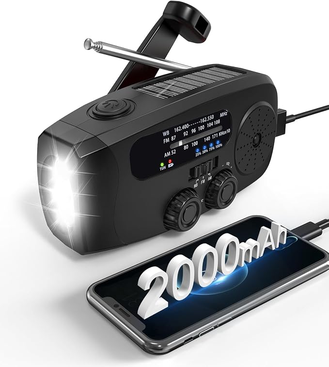Hand Crank Radio with AM/FM/NOAA Weather Bands,for Emergencies, Camping | 3 LED Flashlights,SOS Function,Solar Powered,Hand Cranked, 2000mAh/7400mWh Charger,for Power Outage - Black