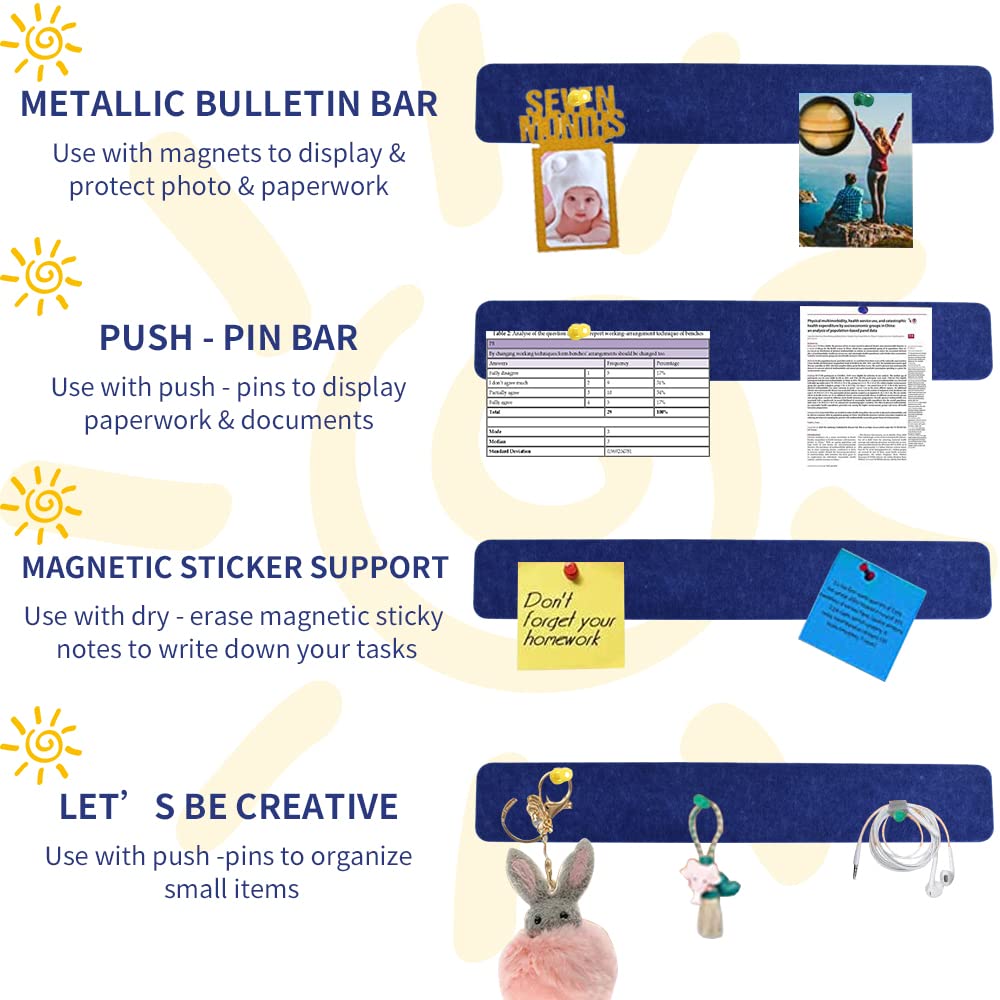 Vuzvuv 8 pcs Bulletin Board Bar Strips with 50 Pushpins & 10 Wooden Clip pins，Self Adhesive Cork Board for Wall，Felt Pin Board for School，Office Decor(Blue)